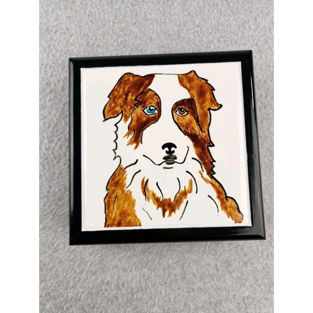 Hand Painted Dog Wooden Box Australian Shepherd Border Collie Trinket Case Art